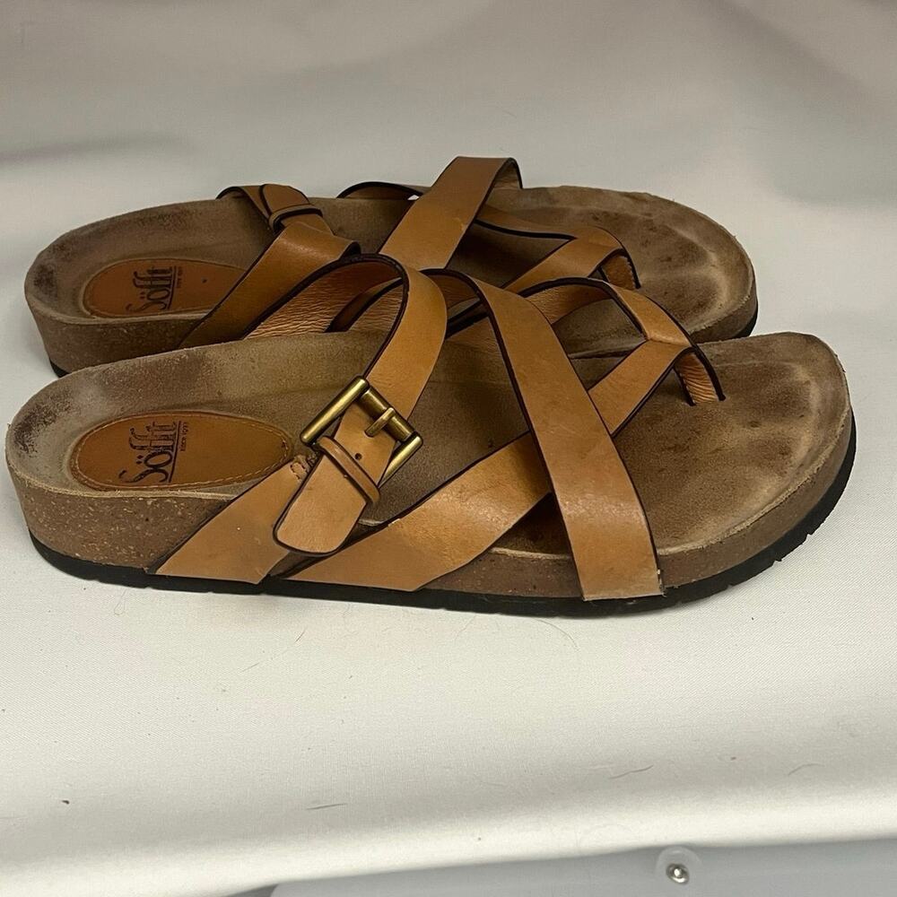 Söfft Tan Leather Crisscross Thong Wedge Sandals Buckle Comfort Shoes Size 10M